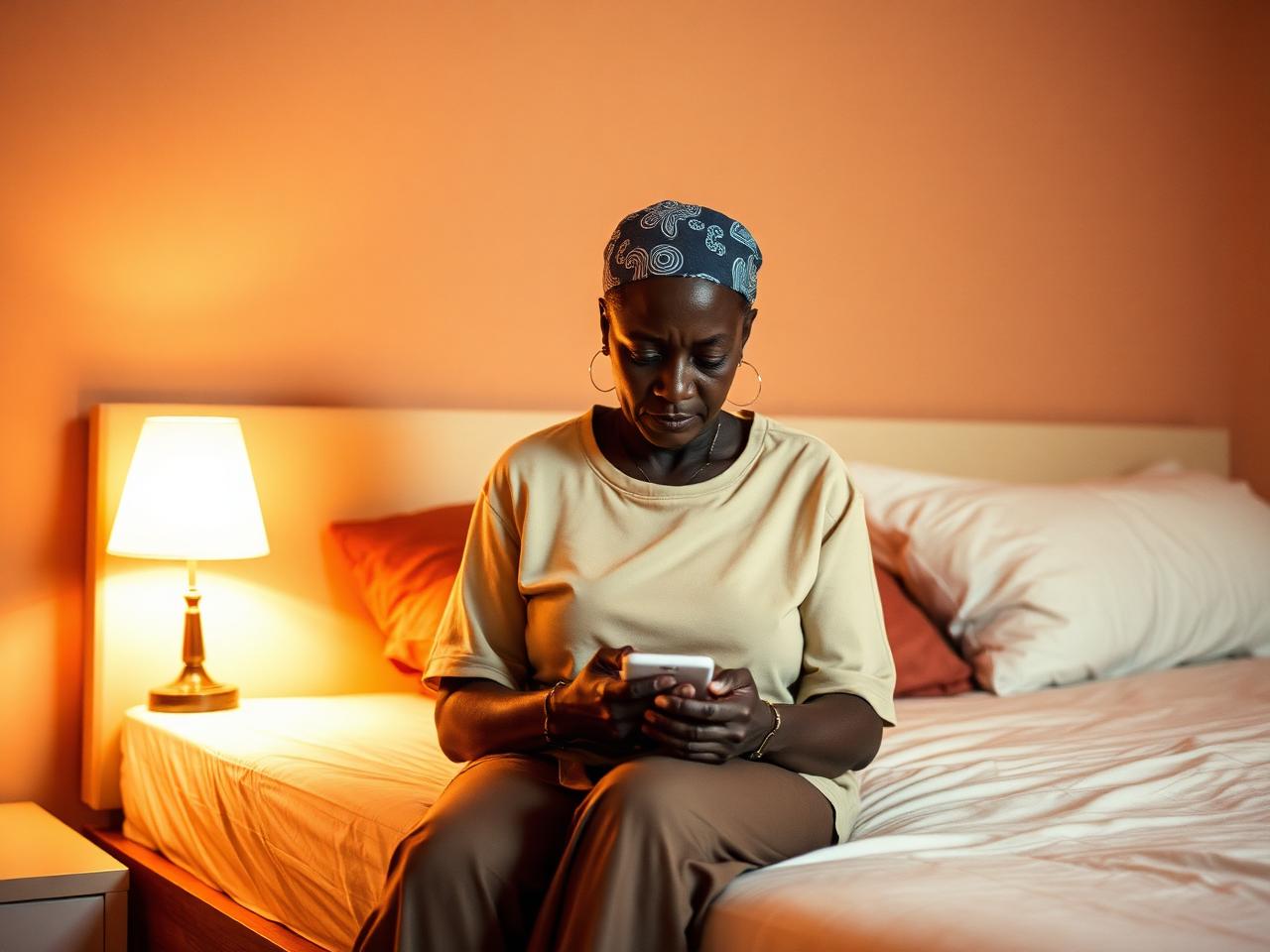 A woman sitting on the edge of a bed composing a message on her phone.