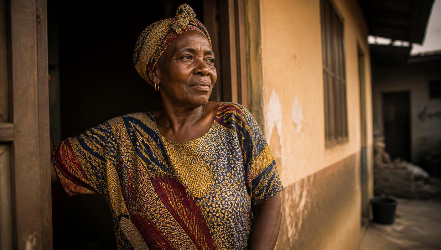 An older woman standing in a sunlit doorway, looking out.