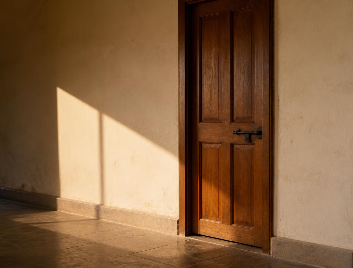A closed wooden door with a simple latch in a sunlit hallway.